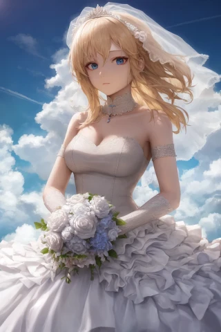 medium hair, woman, sky, Masterpiece, wedding dress, dress
